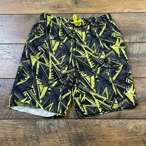 Spyder Boys Swim Trunks Neon Yellow Grey Shatter Print Mesh Liner Size M 10-12